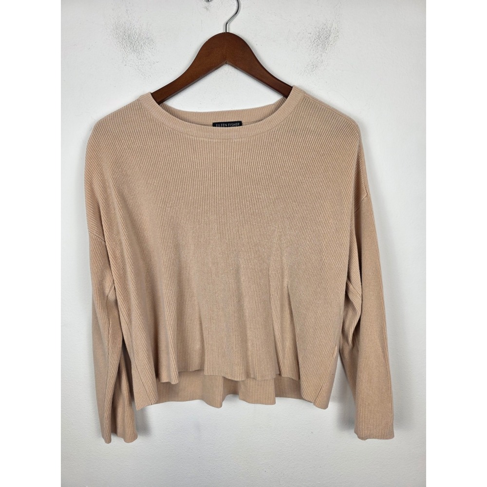 Eileen Fisher Tan Ribbed Tencel Lyocell Boxy Crew Neck Sweater XS R18ABG
